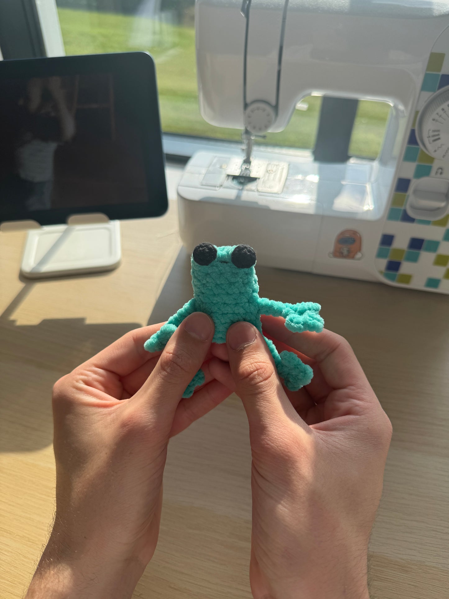 Handmade mini crochet leggy frog plushie